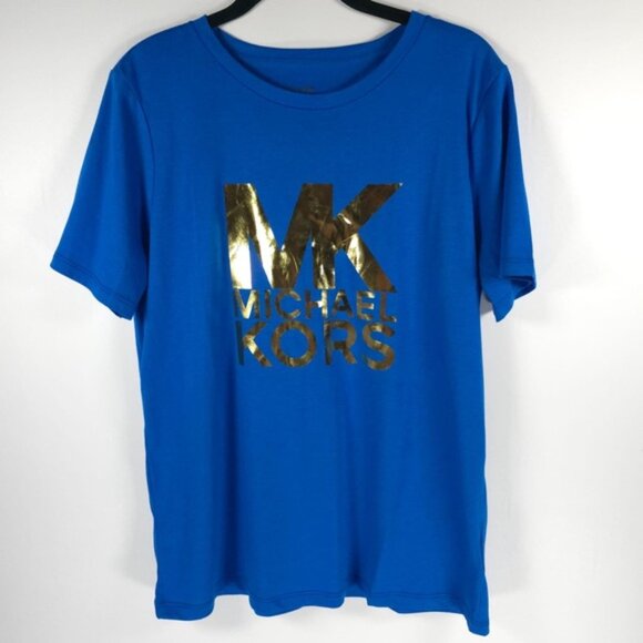 NEW MICHAEL‎ MICHAEL KORS Made in Colombia 🇨🇴 Gold Tone MK Logo T-Shirt Sz M - Picture 1 of 11